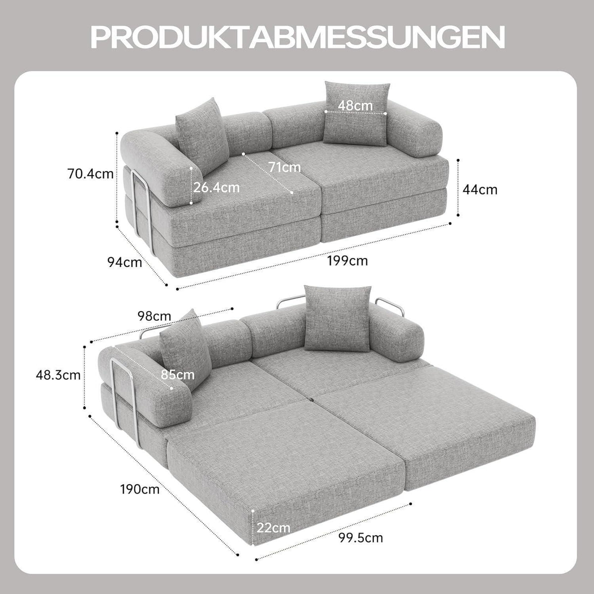 Klappsofa 199cm – Bequemer Futon & Modularer Loveseat Grau