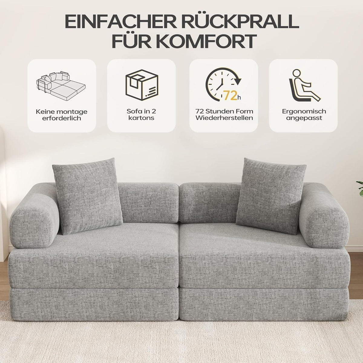 Klappsofa 199cm – Bequemer Futon & Modularer Loveseat Grau