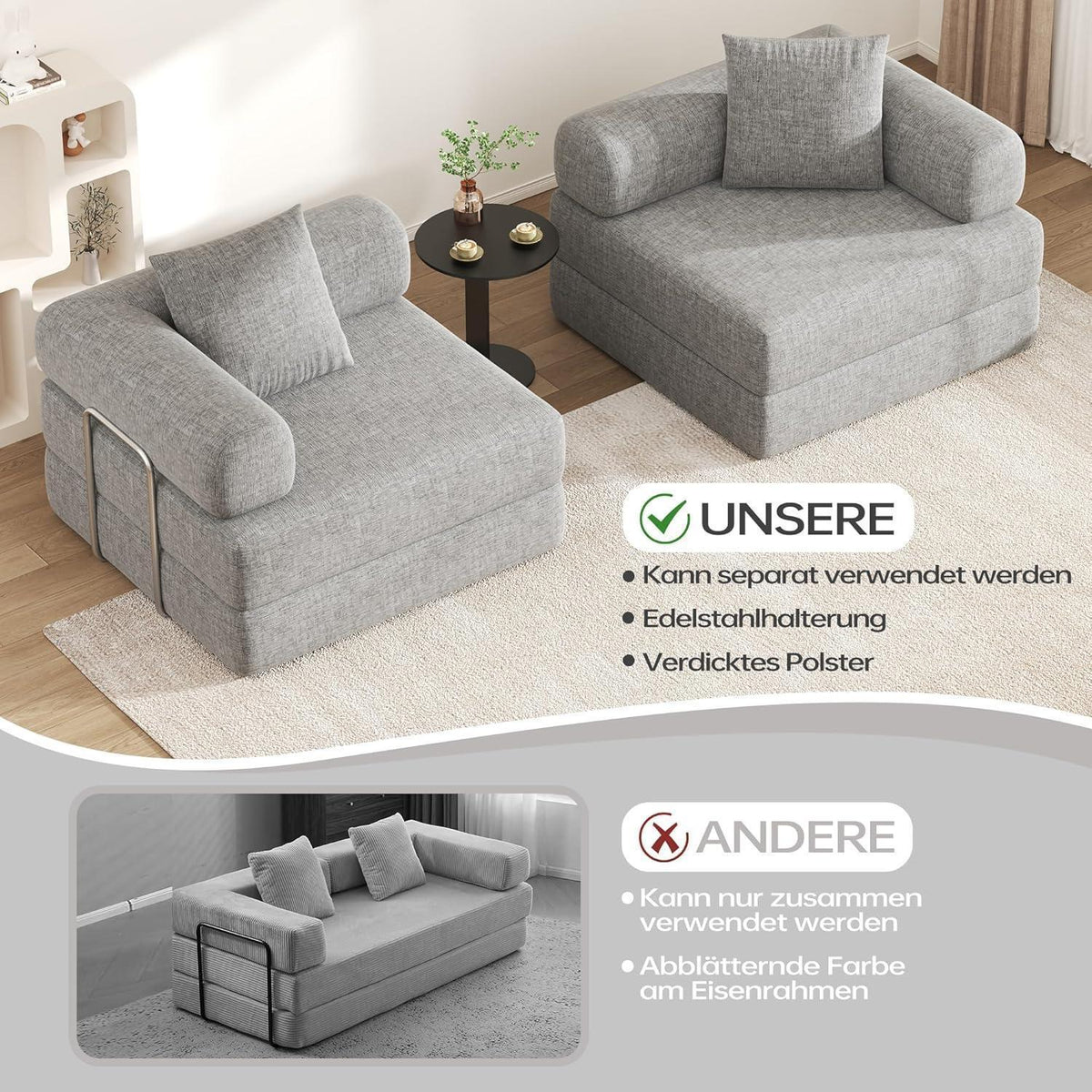 Klappsofa 199cm – Bequemer Futon & Modularer Loveseat Grau