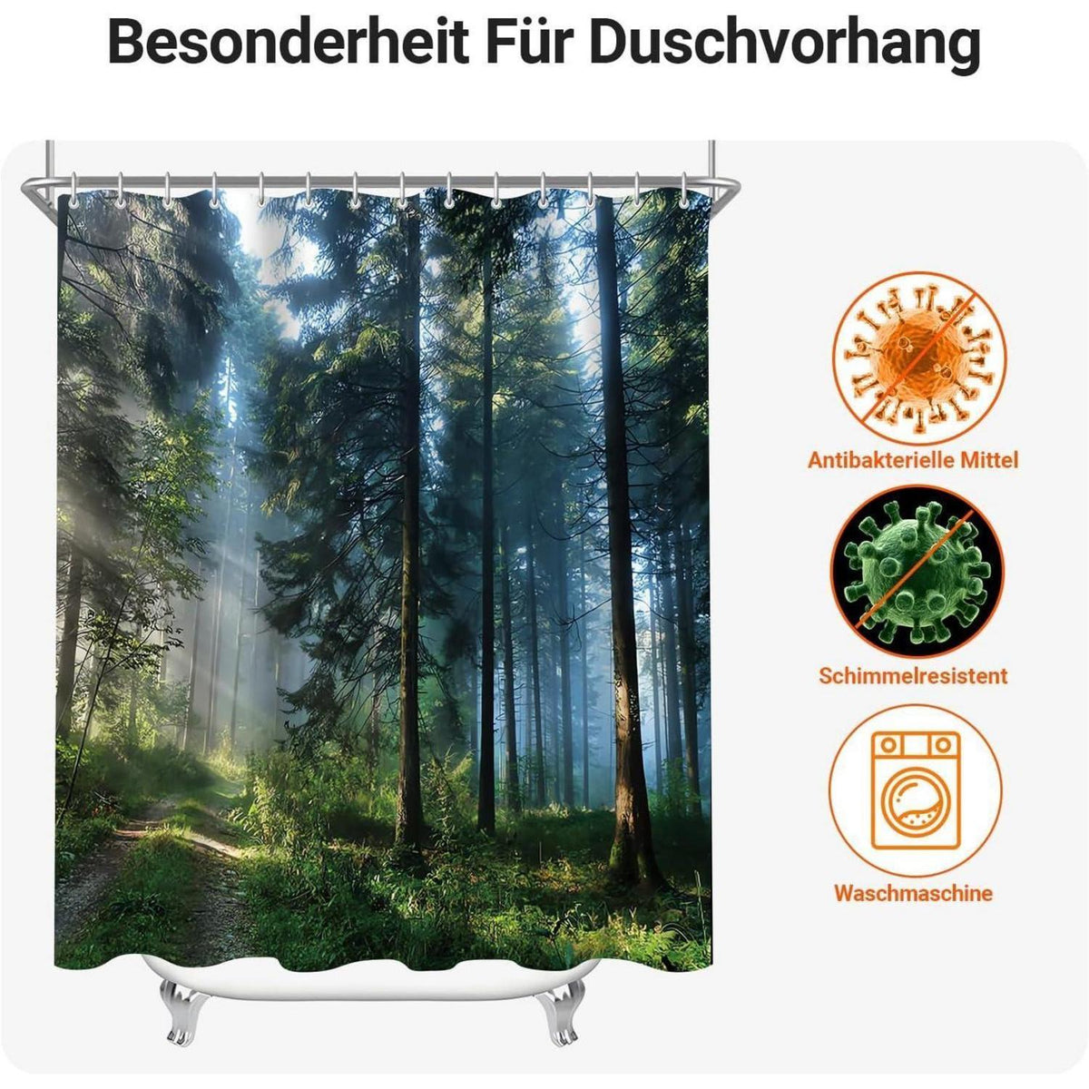 Duschvorhang Wald Dschungel 180x170 cm, Wasserabweisend, Waschbar