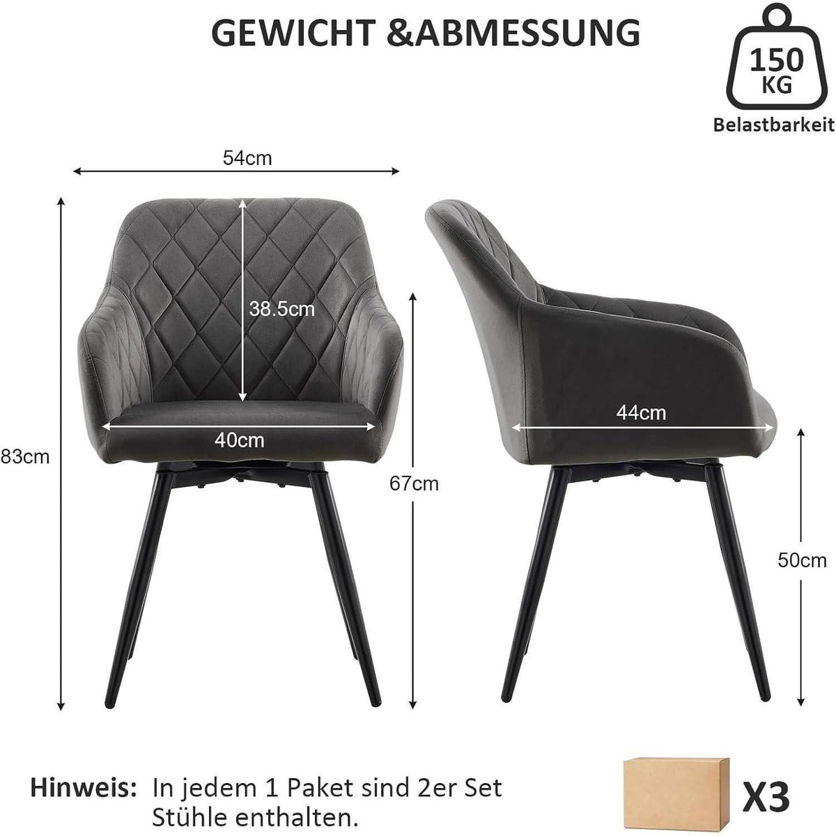 Drehbare Esszimmerstühle Samt Grau 6er Set mit Armlehne