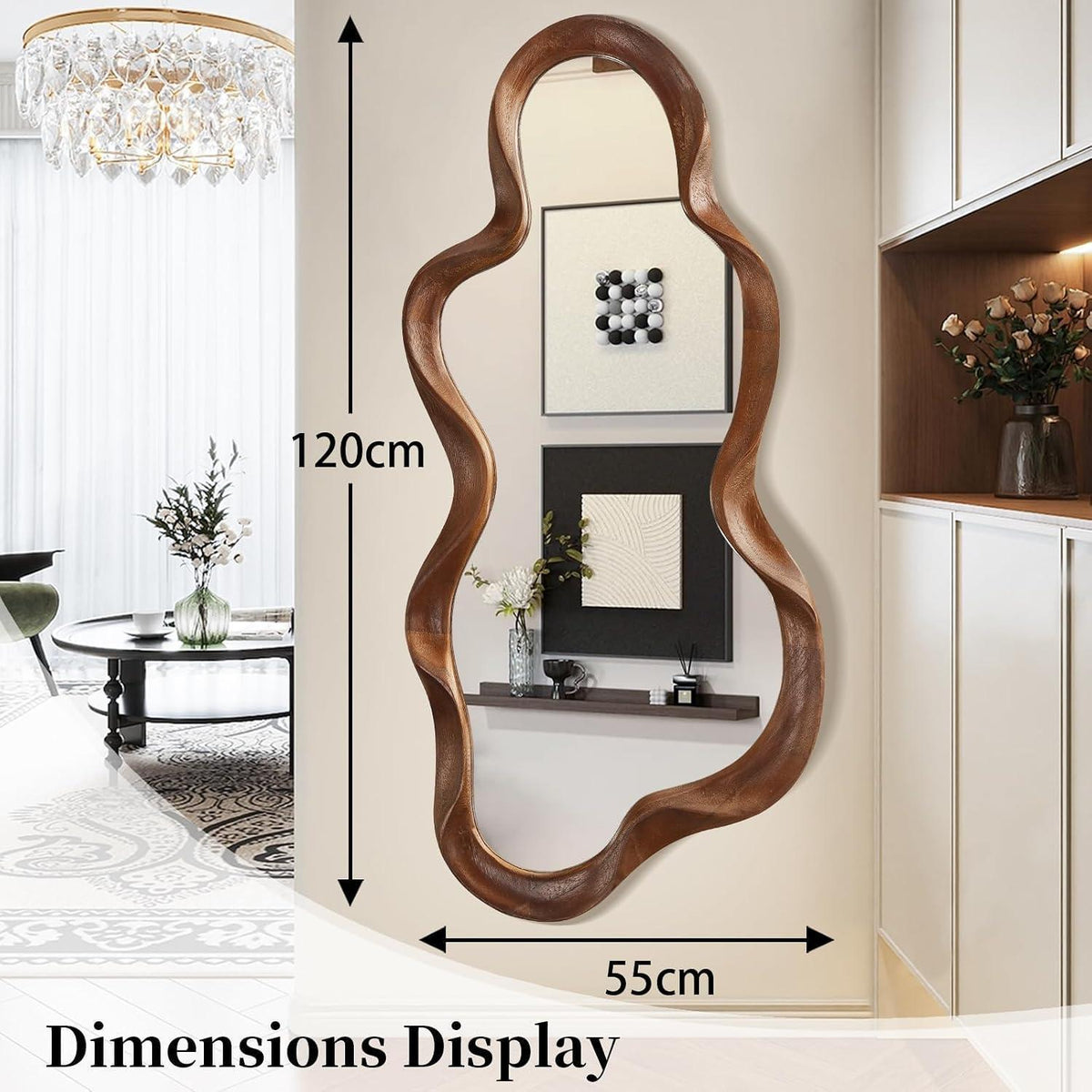 Großer asymmetrischer Wandspiegel mit Holzrahmen Walnuss
