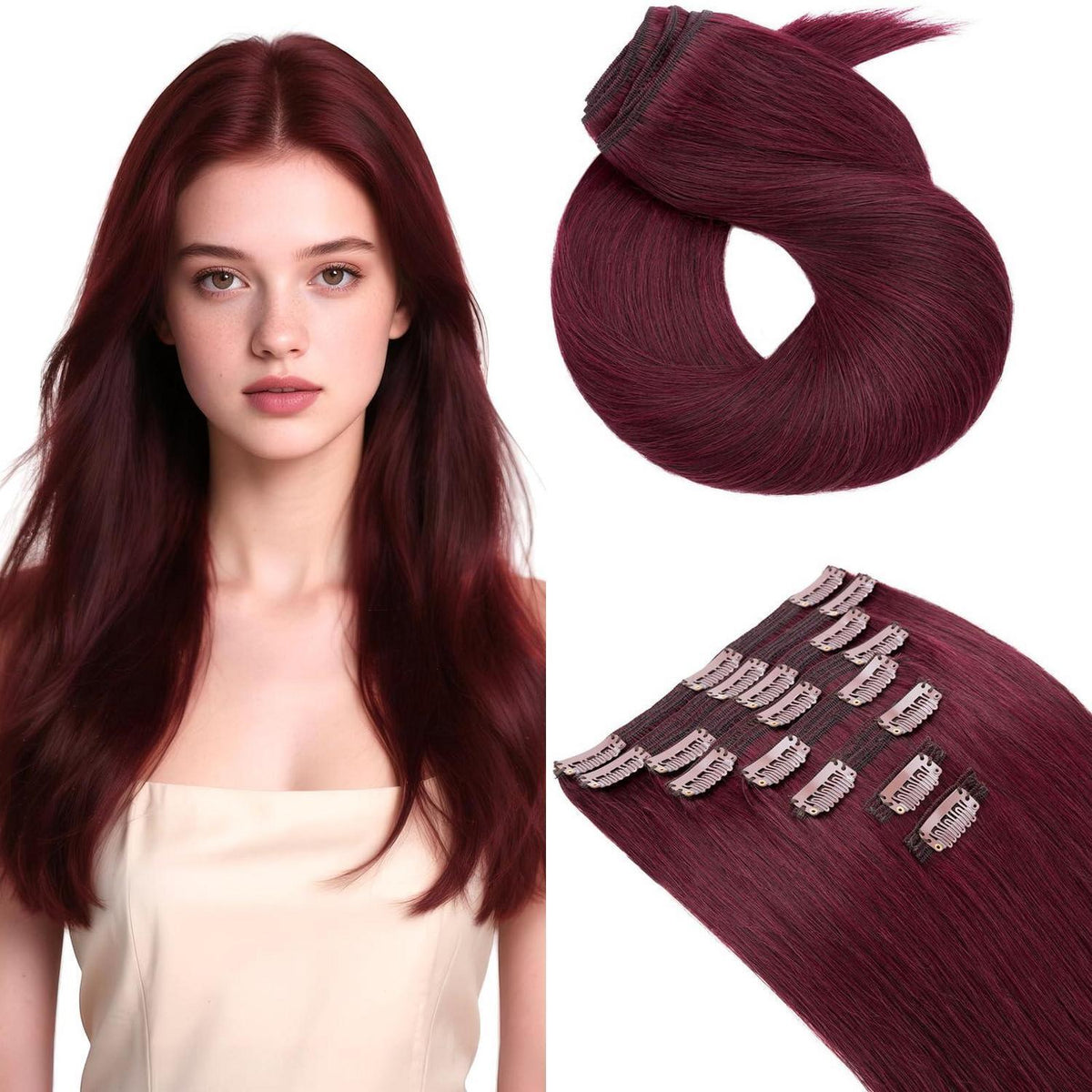 Clip In Echthaar Extensions Bordeauxrot 60cm - 170g
