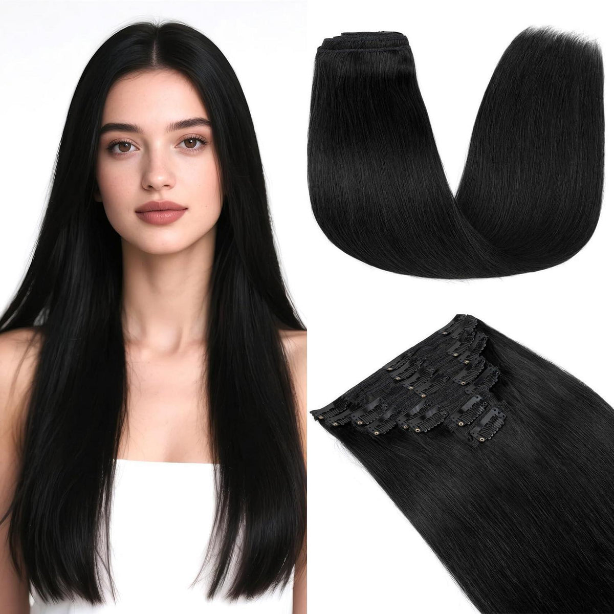 Clip In Echthaar Haarverlängerung Schwarz 45cm - 140g