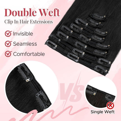Clip In Echthaar Haarverlängerung Schwarz 45cm - 140g