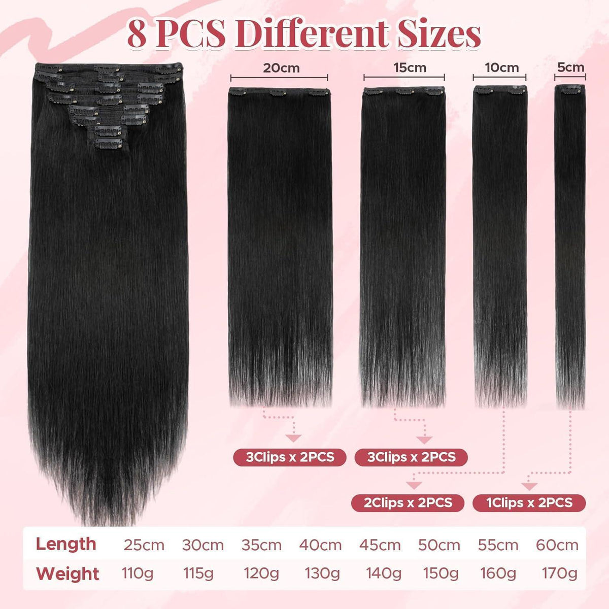 Clip In Echthaar Haarverlängerung Schwarz 45cm - 140g