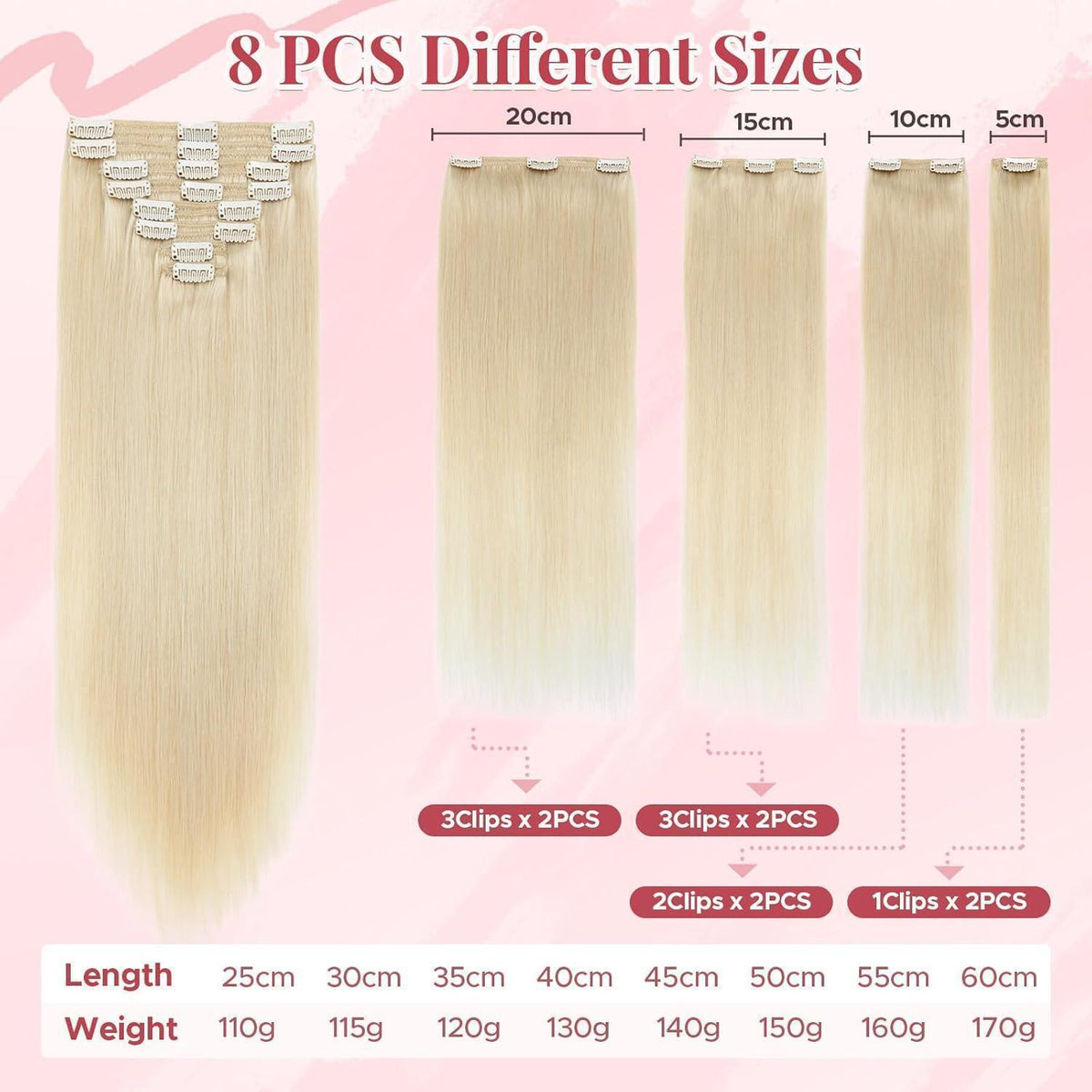 Clip In Haarverlängerung Echthaar Platinblond 35cm (120g)