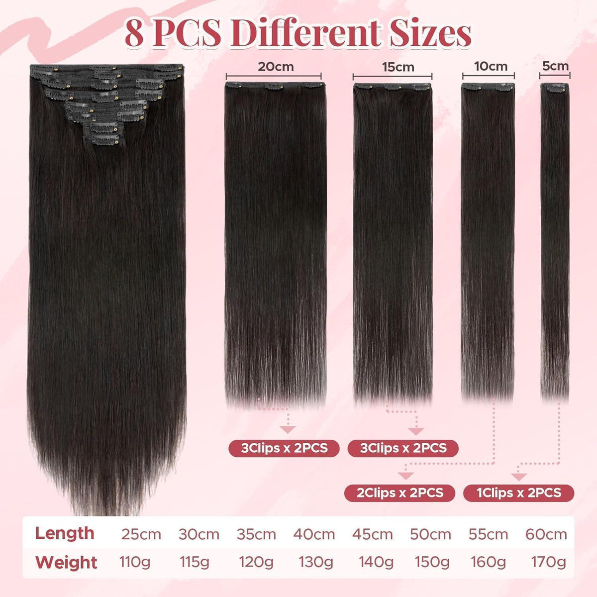 Clip-In Haarverlängerung Echthaar – 45cm, 140g, #1B Schwarz