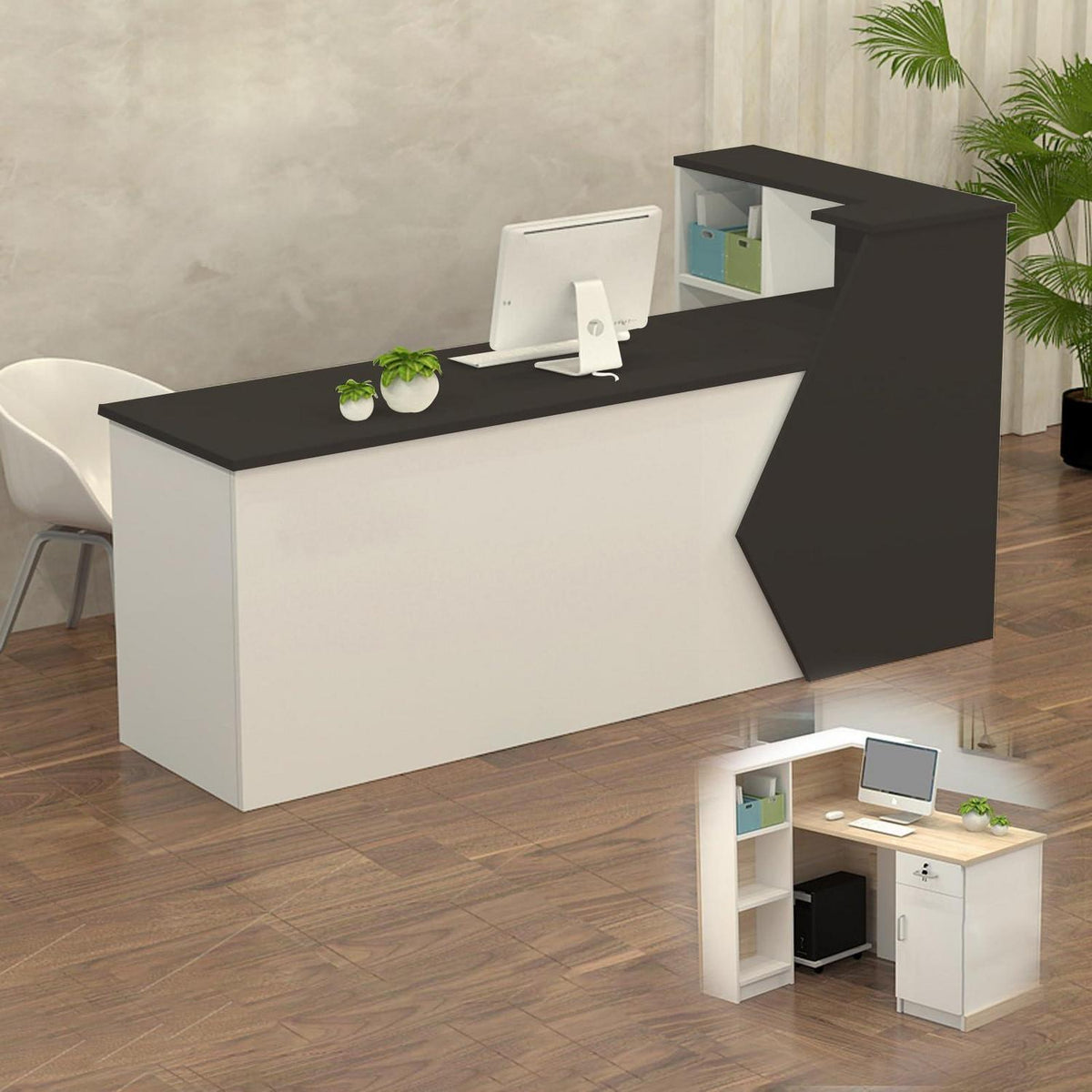 Rezeptionstheke Holz mit Stauraum – Schwarz Weiß 100x60x100cm