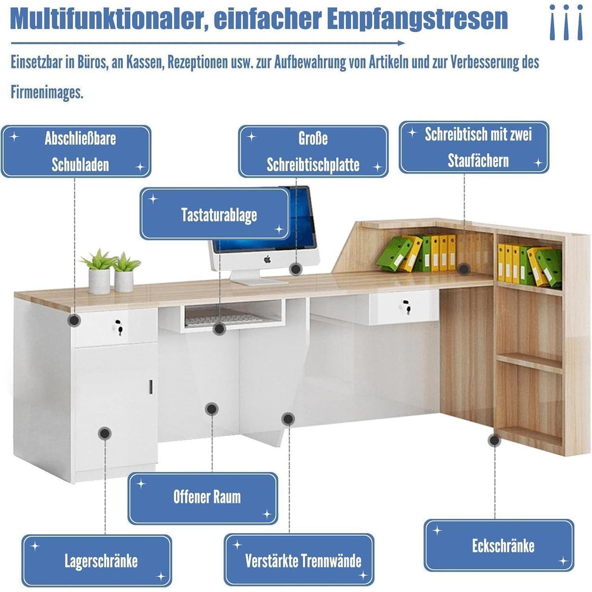 Rezeptionstheke Holz mit Stauraum – 280x60x100cm, Weiß