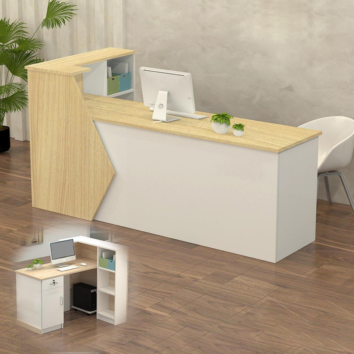 Rezeptionstheke Holz mit Stauraum – 100–300 cm, Weiß