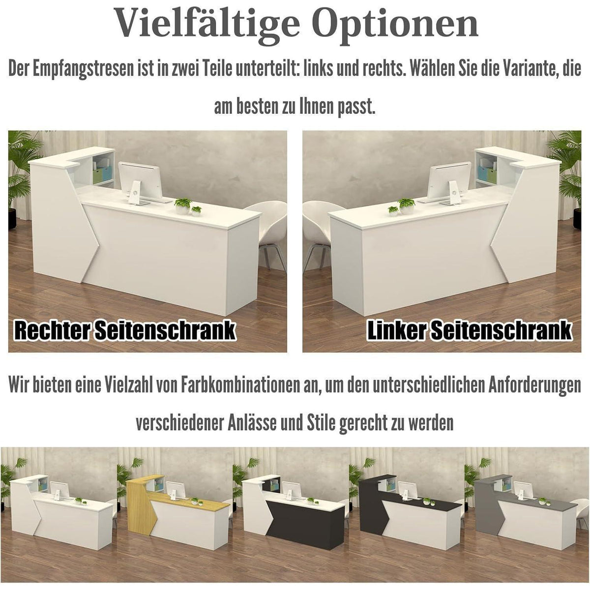 Rezeptionstheke Holz mit Stauraum – 100–300 cm, Weiß