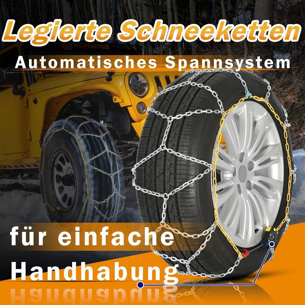 Schneeketten Auto-Fixierung 1-Min. Montage – Universell & Wiederverwendbar