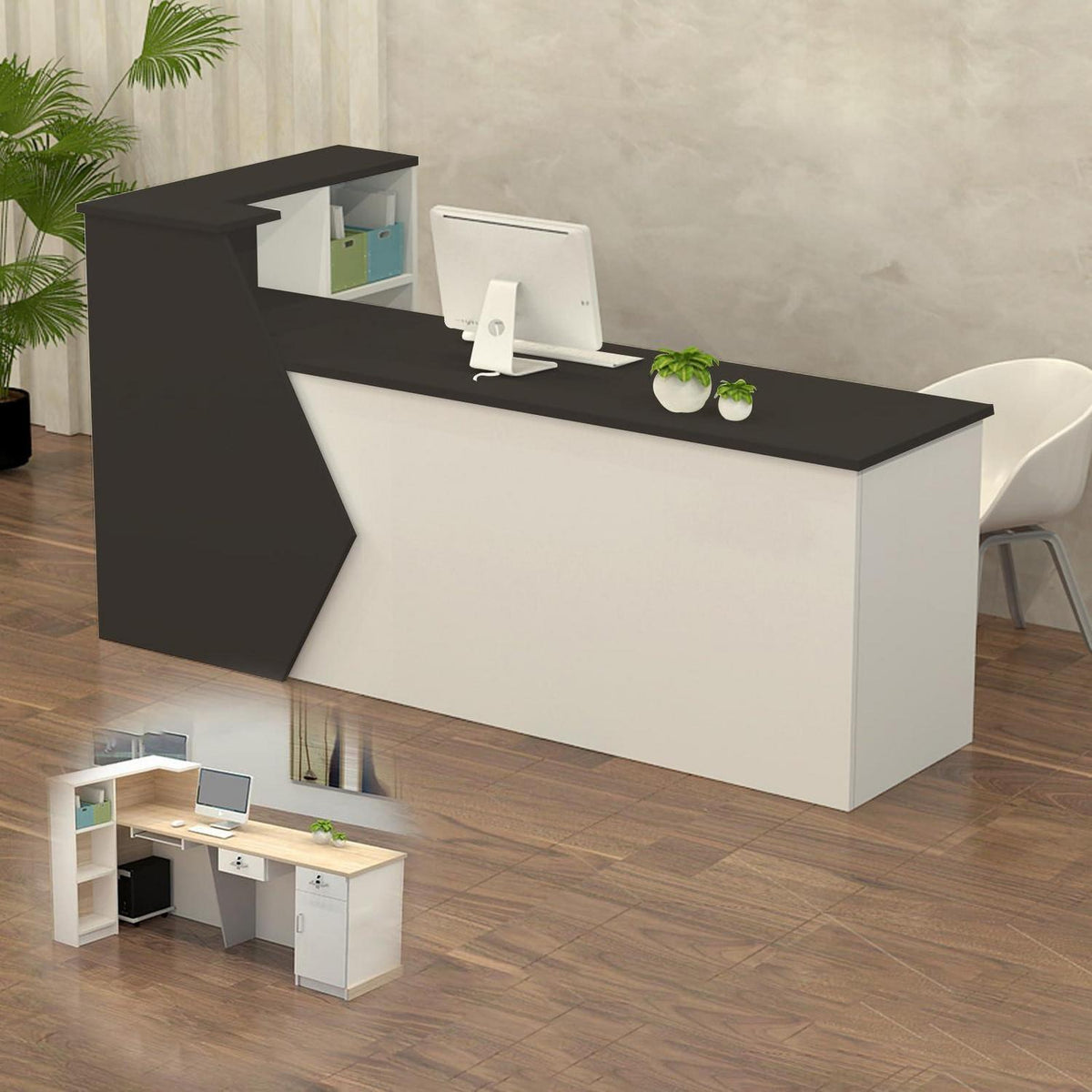 Rezeptionstheke Holz mit Stauraum – Schwarz Weiß 220x60x100cm