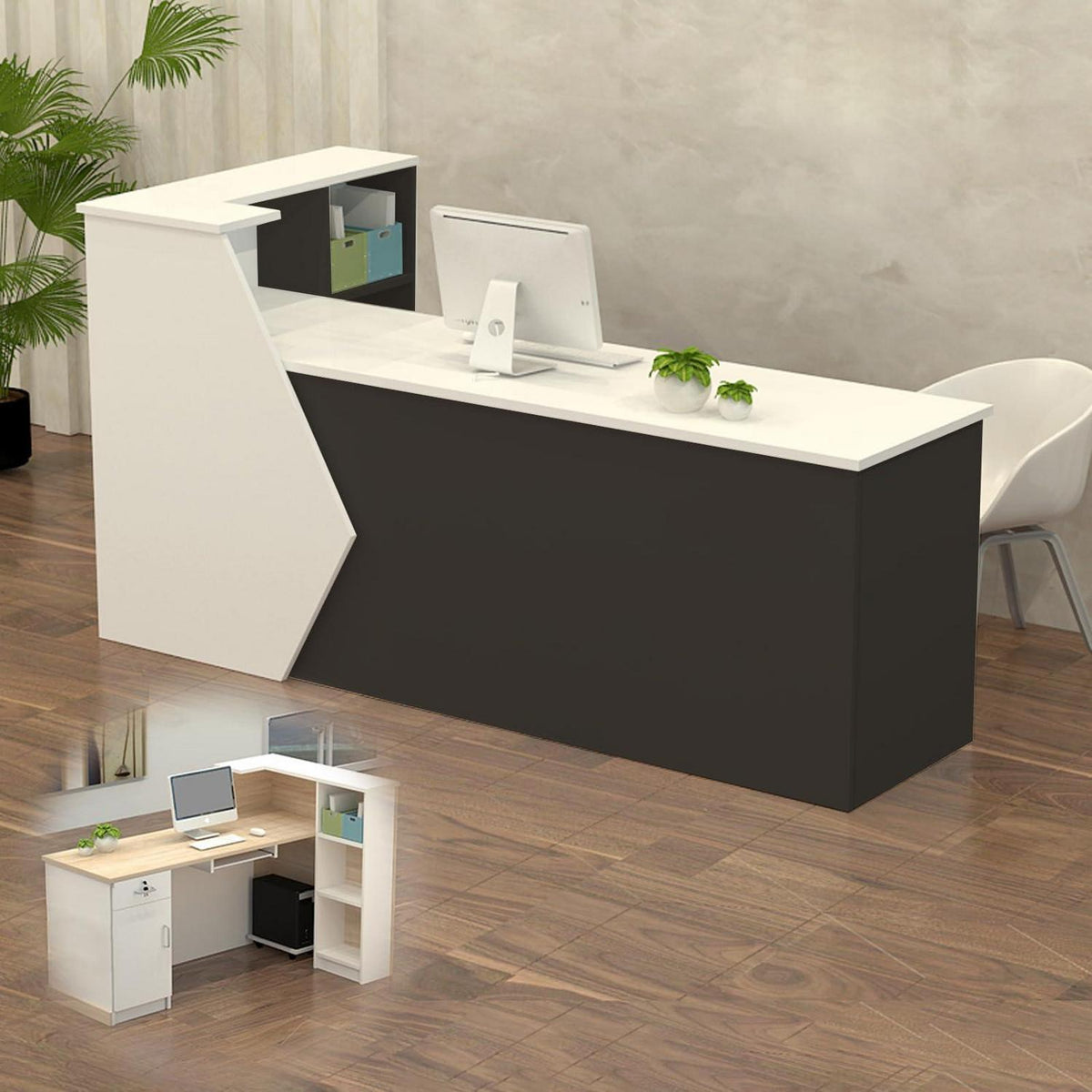 Rezeptionstheke Holz mit Stauraum – 180x60x100cm, Weiß & Schwarz