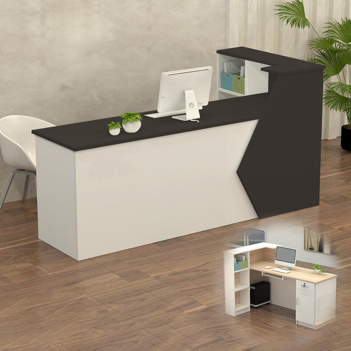 Rezeptionstheke Holz mit Stauraum – 180x60x100cm Schwarz Weiß