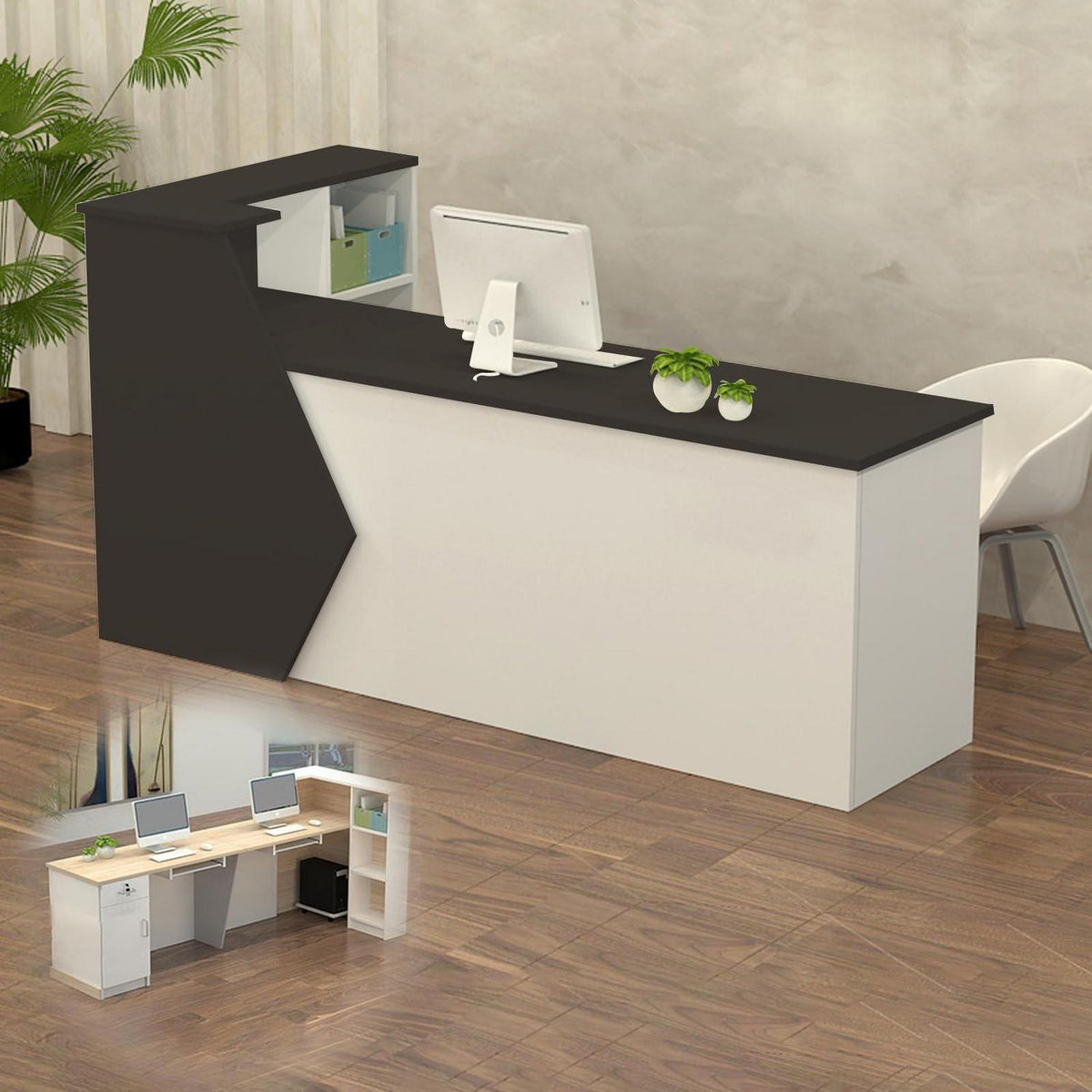 Rezeptionstheke Holz mit Stauraum – 100-300 cm, Schwarz Weiß