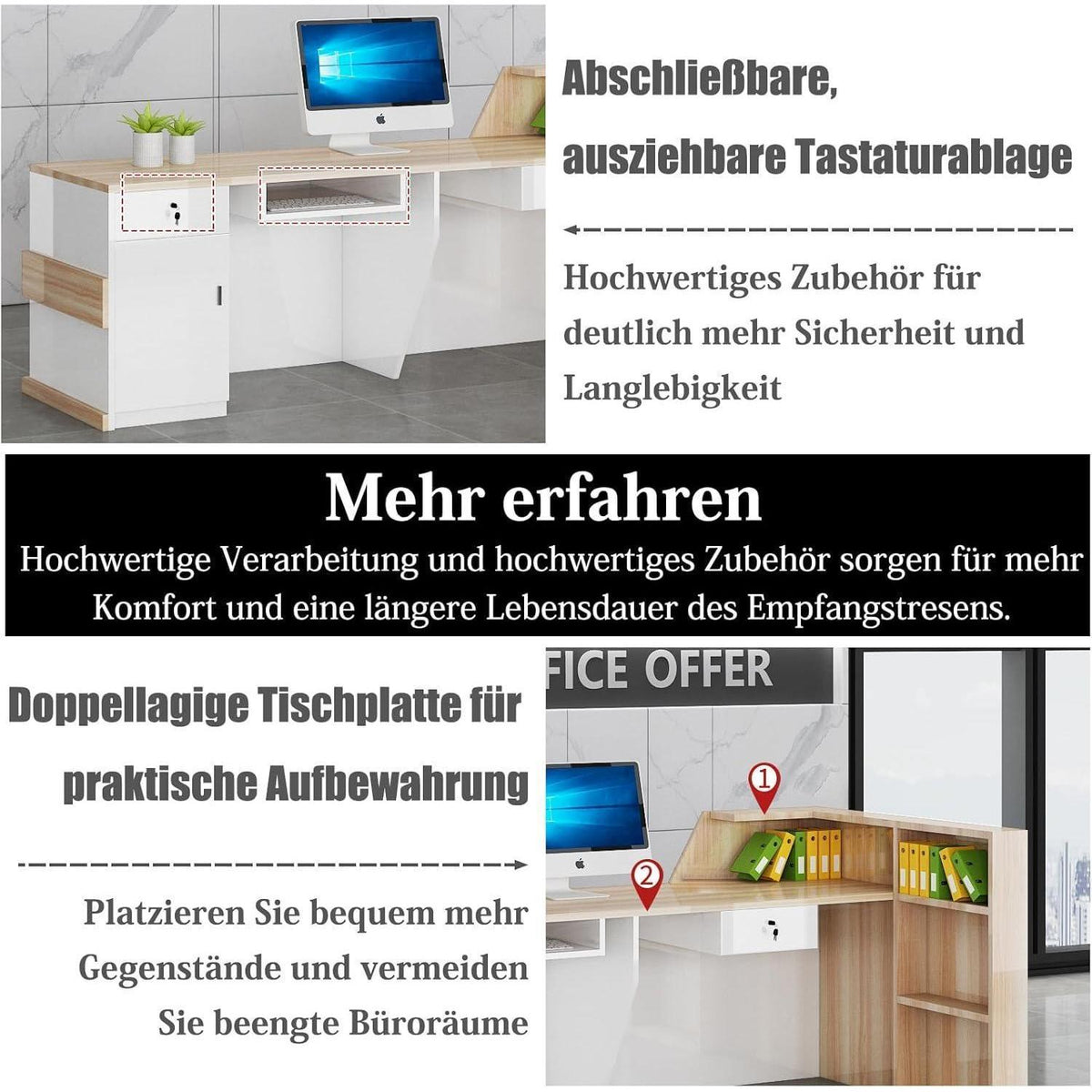 Rezeptionstheke Holz mit Stauraum – 280x60x100cm, Weiß & Schwarz