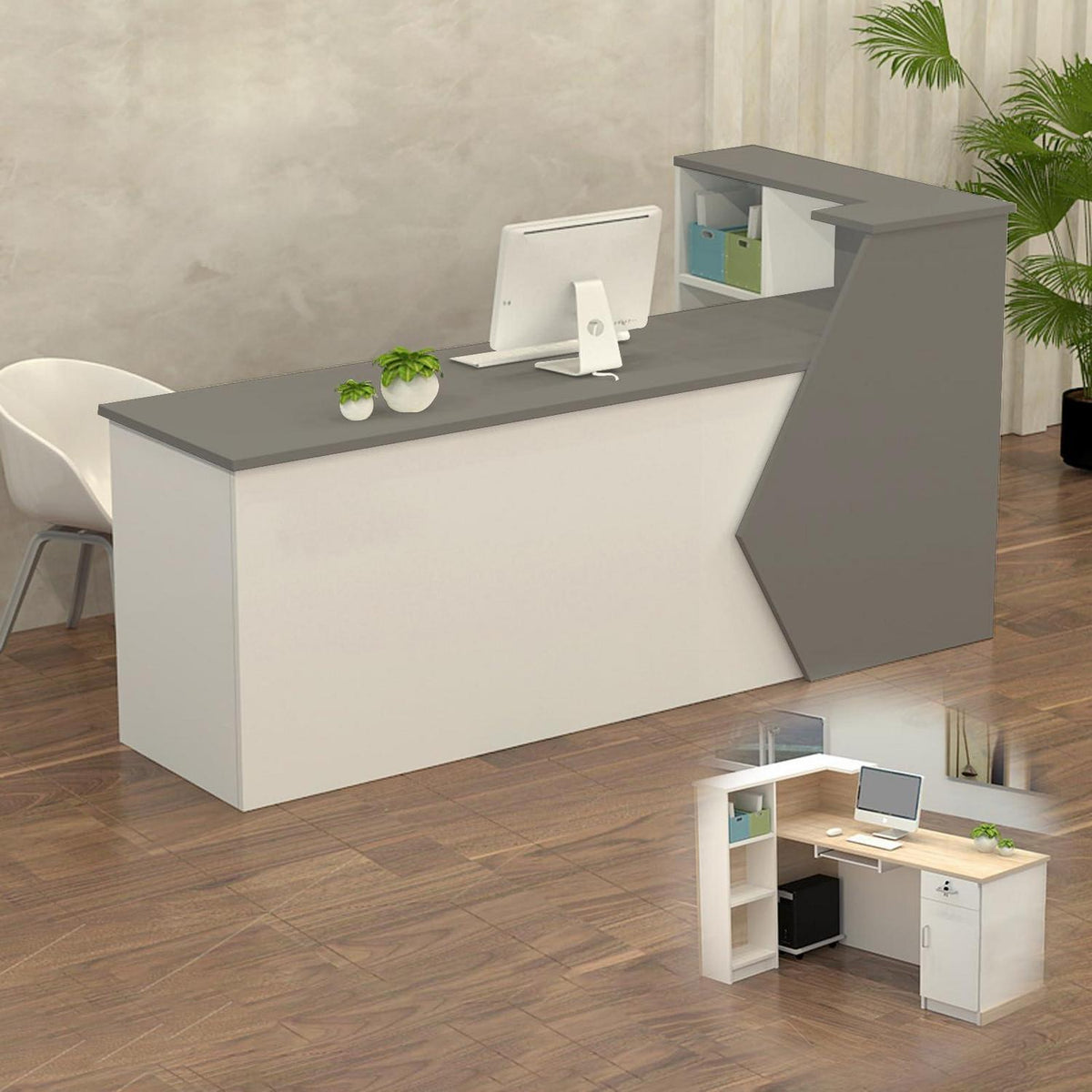 Rezeptionstheke Holz Grau Weiß – Langer Kassentisch 140x60x100cm