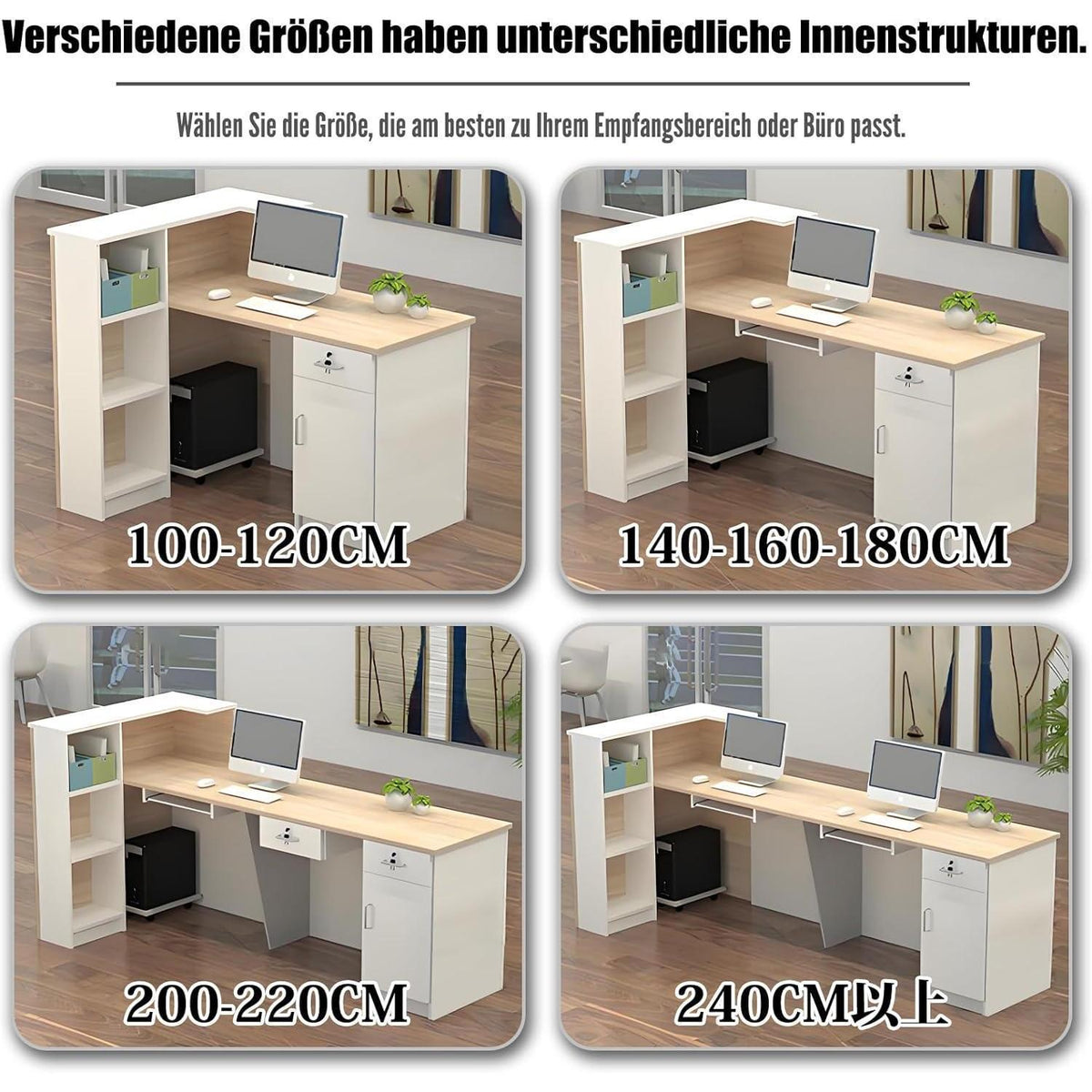 Rezeptionstheke Holz mit Stauraum – 100-300 cm, Weiß
