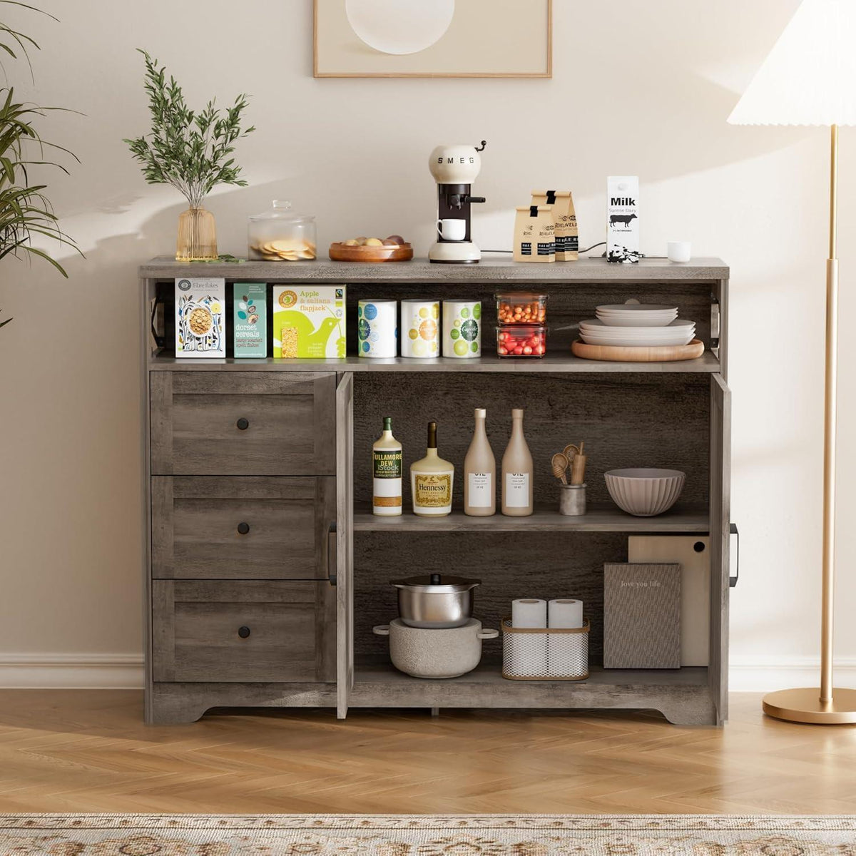 Graues Sideboard mit Schubladen & offener Ablage – 120x35x95cm