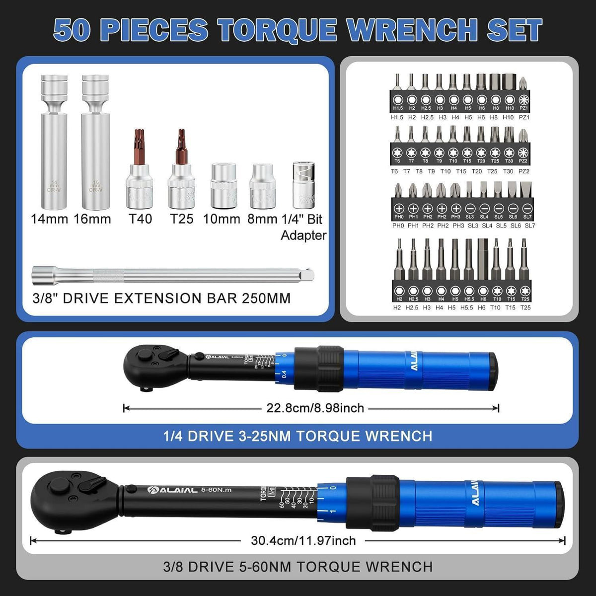 Drehmomentschlüssel Set 50-teilig 1/4" & 3/8" 3-60Nm für Auto & Fahrrad