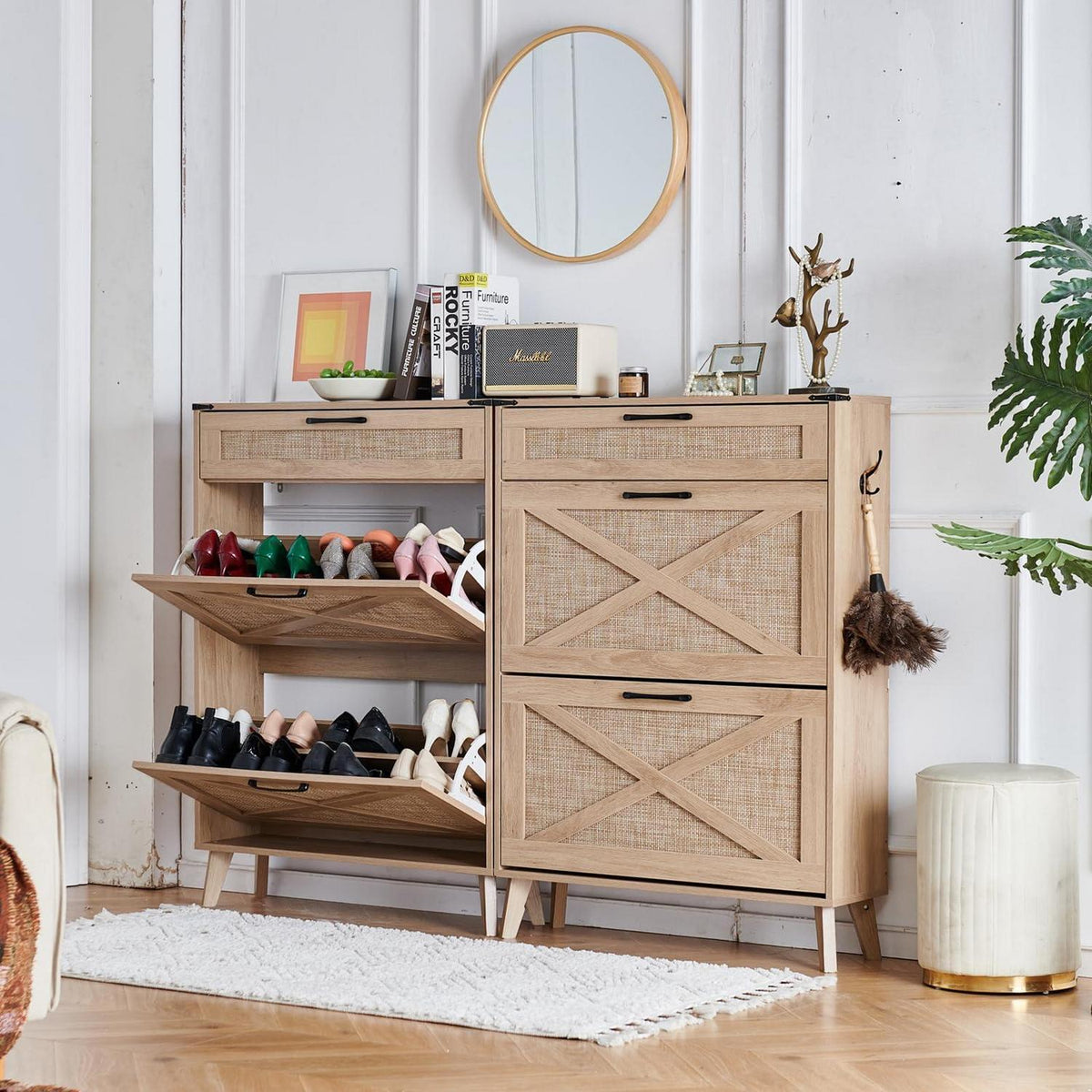 Natürlicher Schuhschrank mit Rattan Schubladen – Schuhregal für Eingangsbereich