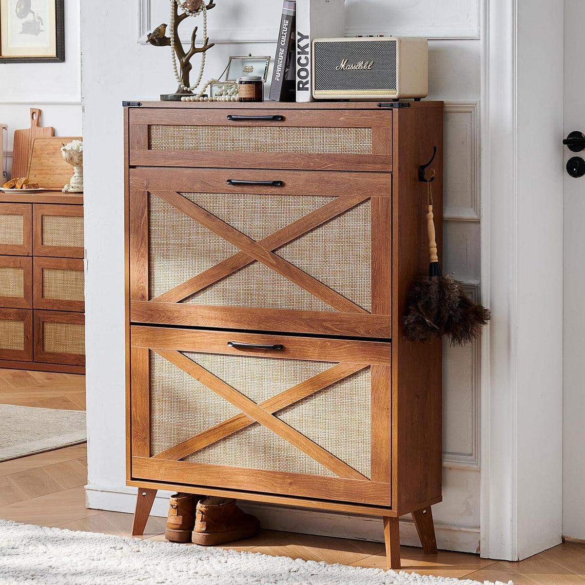 Schuhschrank Schmal Rattan – Boho-Landhausstil & Stauraum