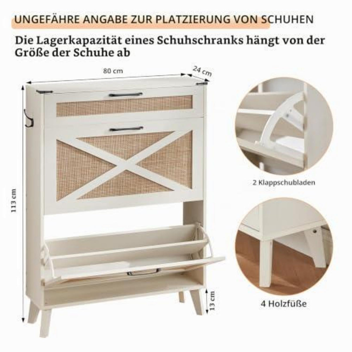 Schmaler Schuhschrank Rattan Weiß – Boho-Landhausstil