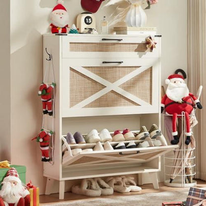 Schmaler Schuhschrank Rattan Weiß – Boho-Landhausstil