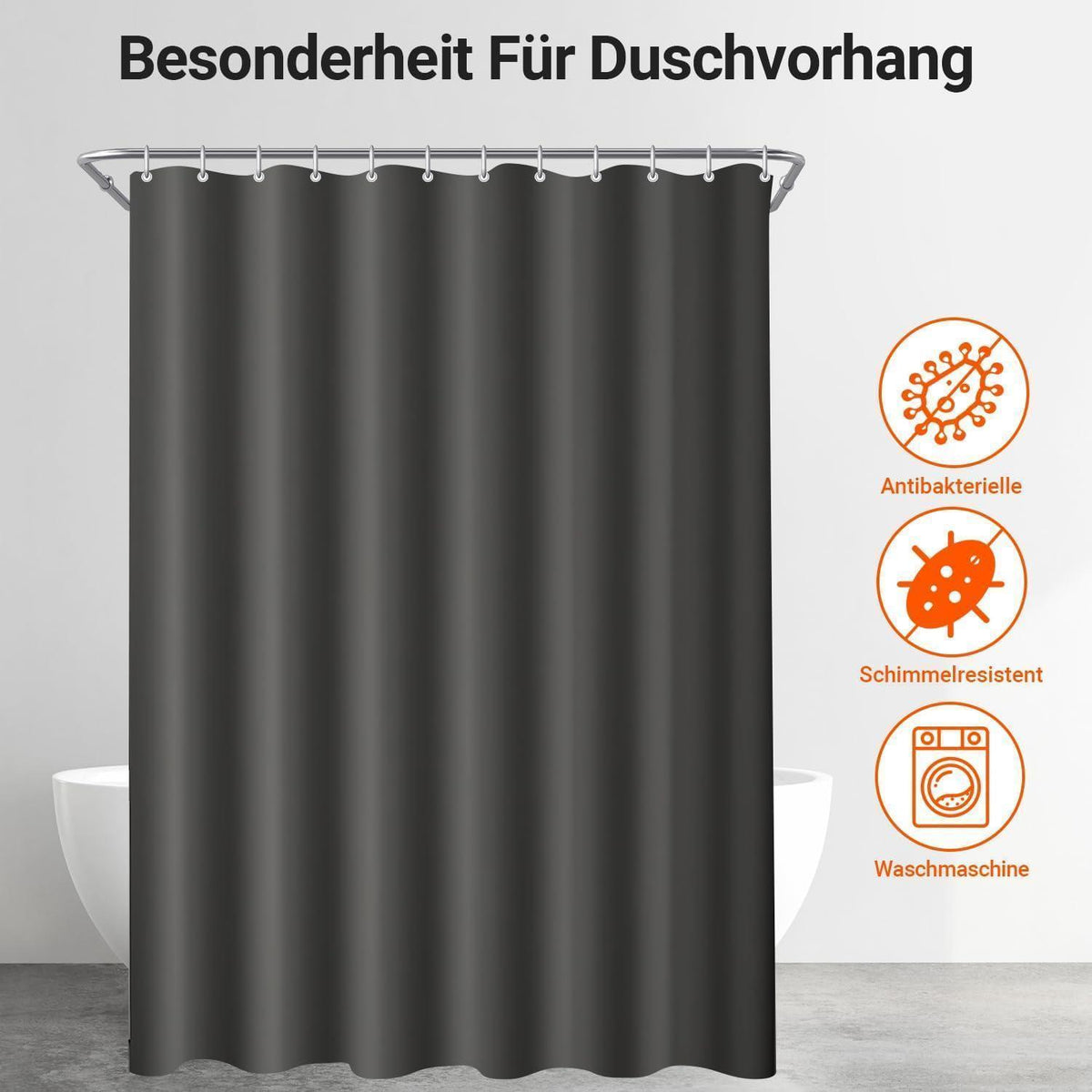 Duschvorhang 150x180 cm Dunkelgrau, Antischimmel & Wasserabweisend