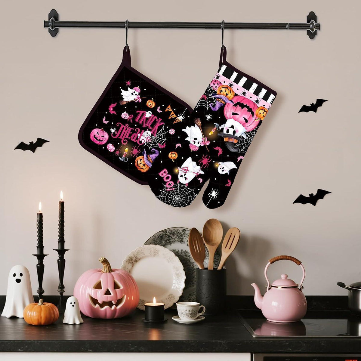 Halloween Ofenhandschuh & Topflappen-Set aus Baumwolle