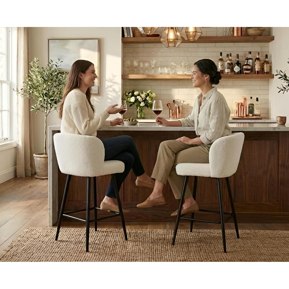 Moderner Barhocker 4er Set mit Kunstfell & Metallfüßen Weiß