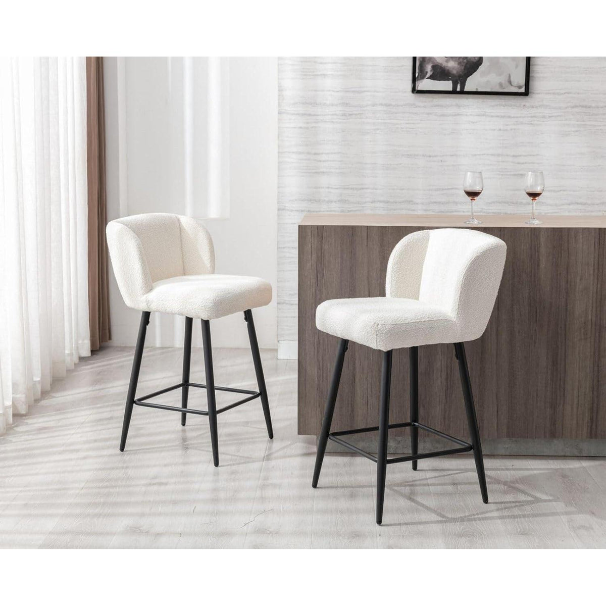 Moderner Barhocker 4er Set mit Kunstfell & Metallfüßen Weiß