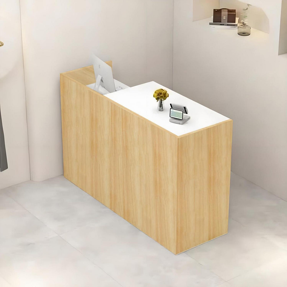 Rezeptionstheke Holz mit Stauraum – 180 cm, Weiß