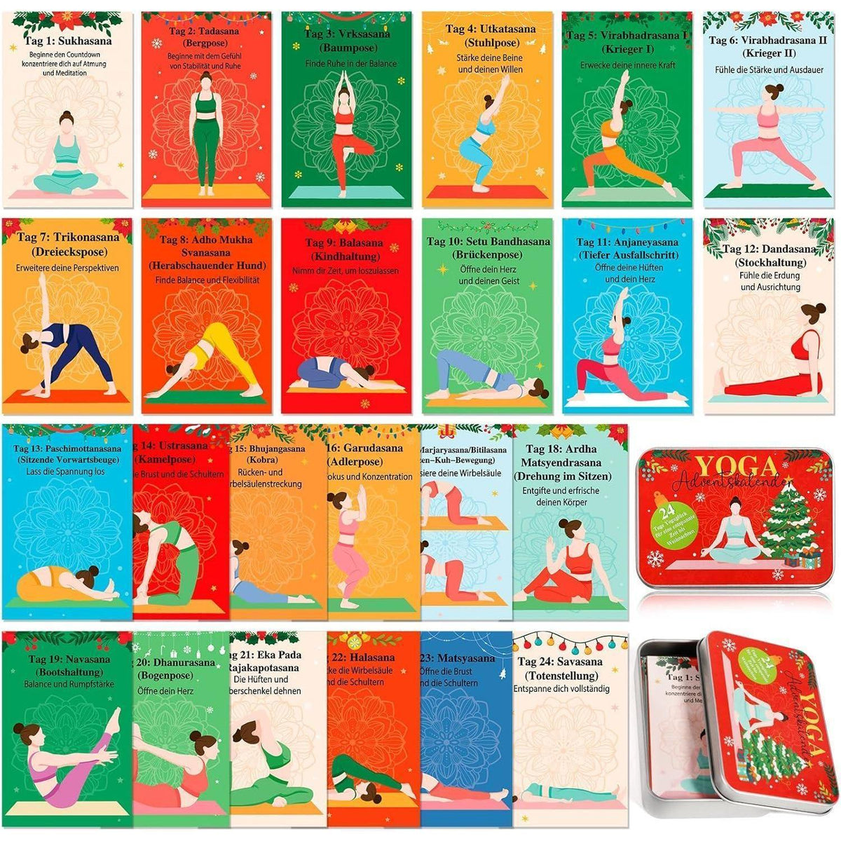 Yoga Adventskalender mit 24 Übungskarten in Blechdose