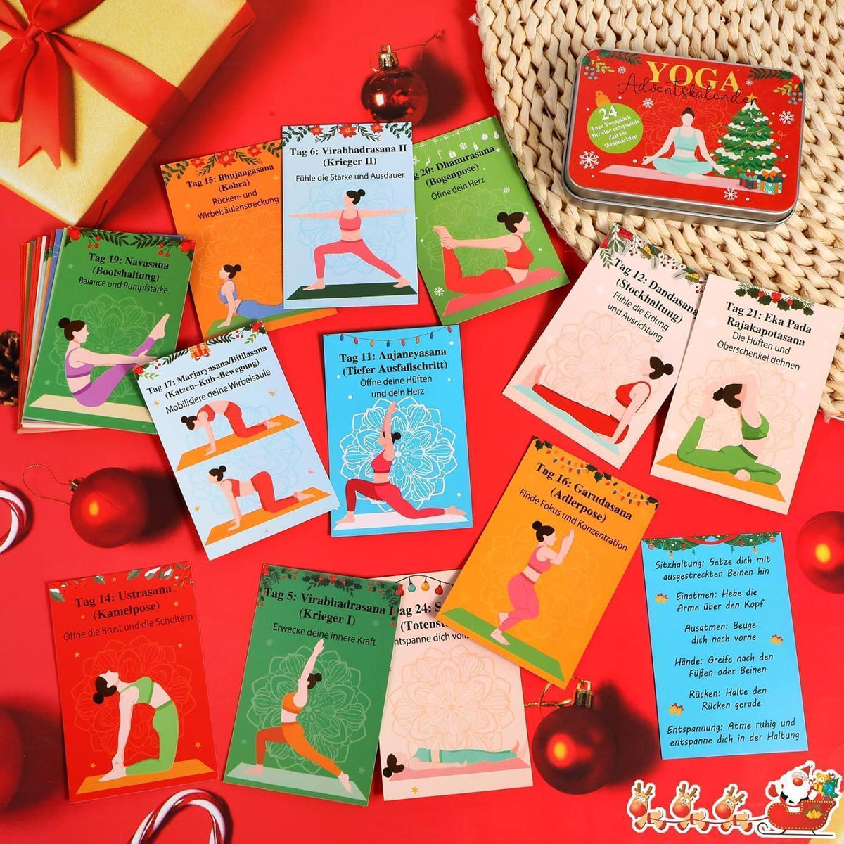 Yoga Adventskalender mit 24 Übungskarten in Blechdose