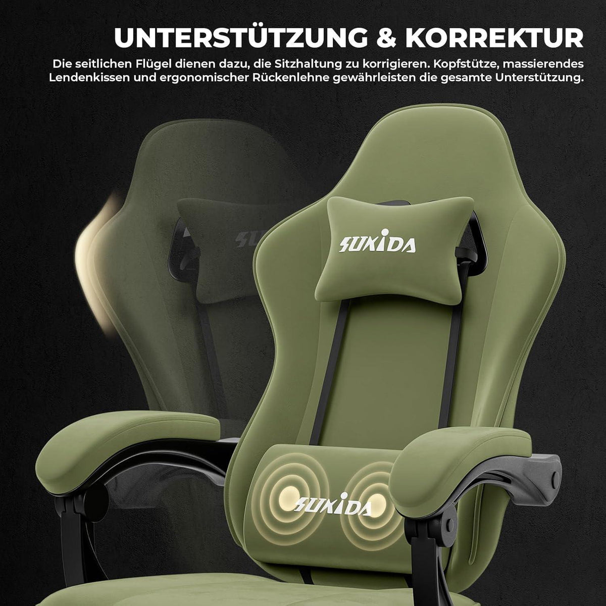 Ergonomischer Gaming Stuhl mit Fußstütze und Lendenkissen, Grün