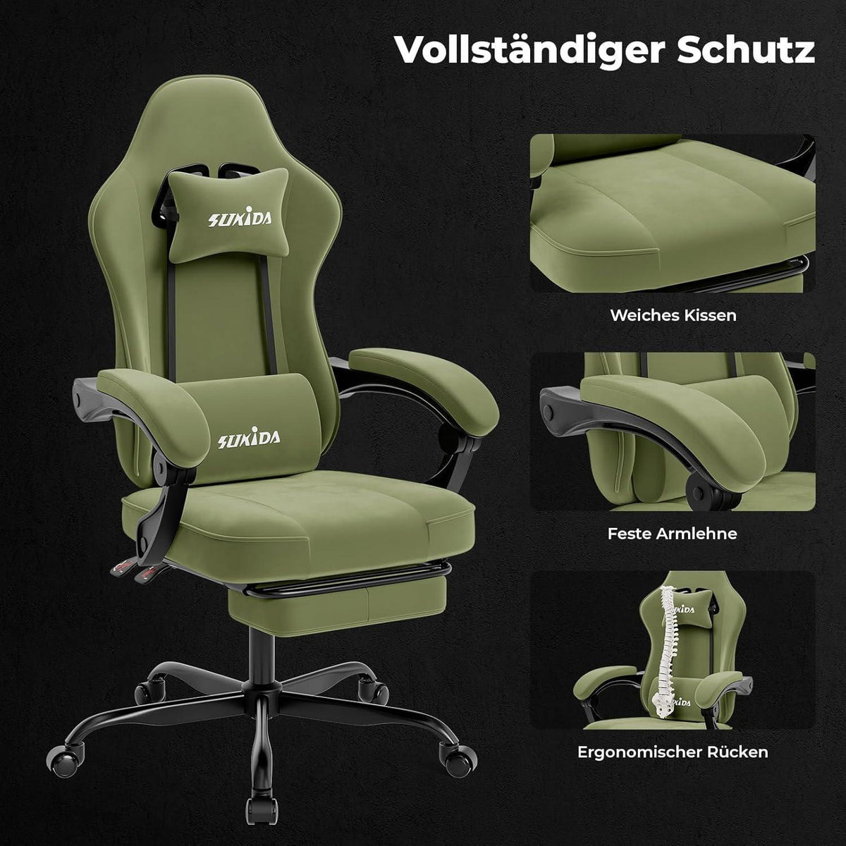 Ergonomischer Gaming Stuhl mit Fußstütze und Lendenkissen, Grün