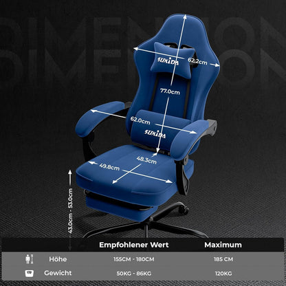Ergonomischer Gaming Stuhl mit Fußstütze und Lendenkissen, Blau