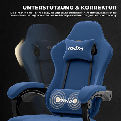 Ergonomischer Gaming Stuhl mit Fußstütze und Lendenkissen, Blau