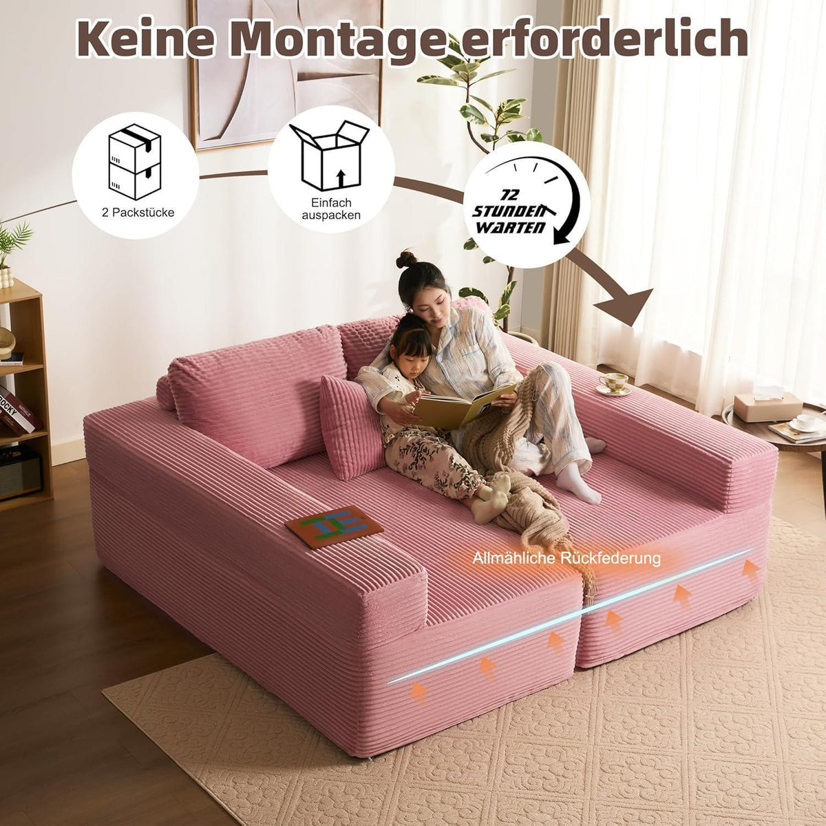 Modulares L-Ecksofa mit Schlaffunktion & Recamiere – Rosa