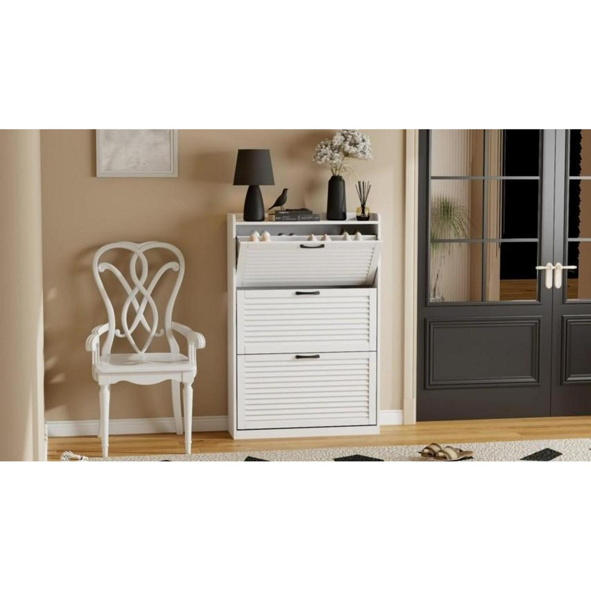 Schmaler Schuhschrank mit Lamellentür – Weiß, 80x24x120 cm