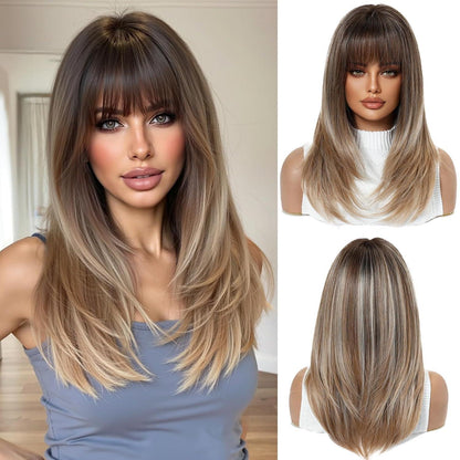Ombre Braun Blond Mittellange Gerade Perücke mit Pony