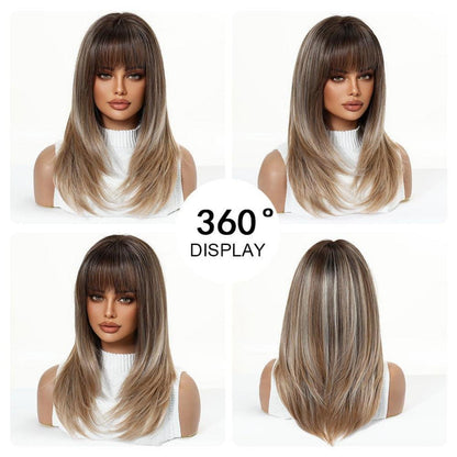 Ombre Braun Blond Mittellange Gerade Perücke mit Pony