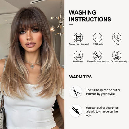 Ombre Braun Blond Mittellange Gerade Perücke mit Pony