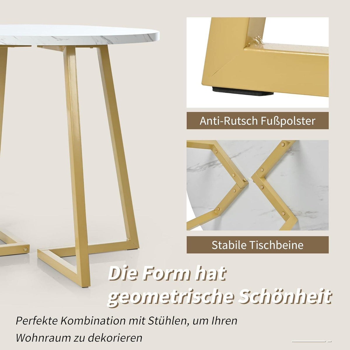 Runde Essgruppe mit 4 Samtstühlen – Weiß & Gold