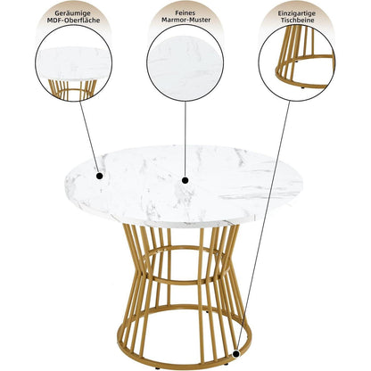 Runde Essgruppe mit 4 Samtstühlen – Weiß & Gold