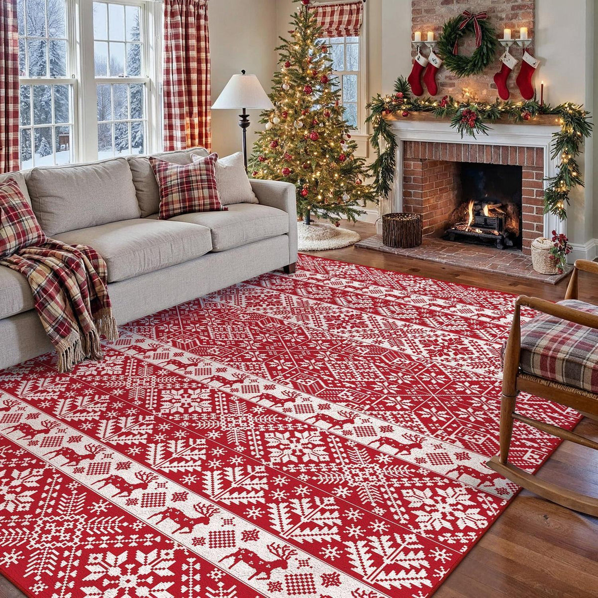 Weihnachts Teppich 200x300 cm – Roter Kurzflor Wohnzimmerteppich