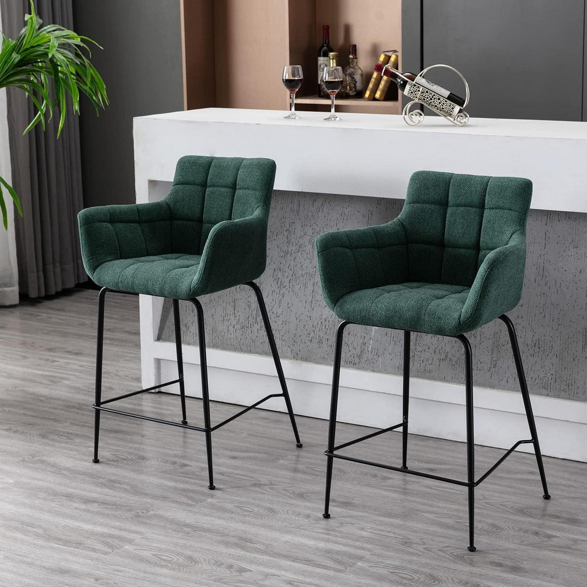 Moderner Barhocker 2er Set mit Frottee & Metallfüßen, Grün